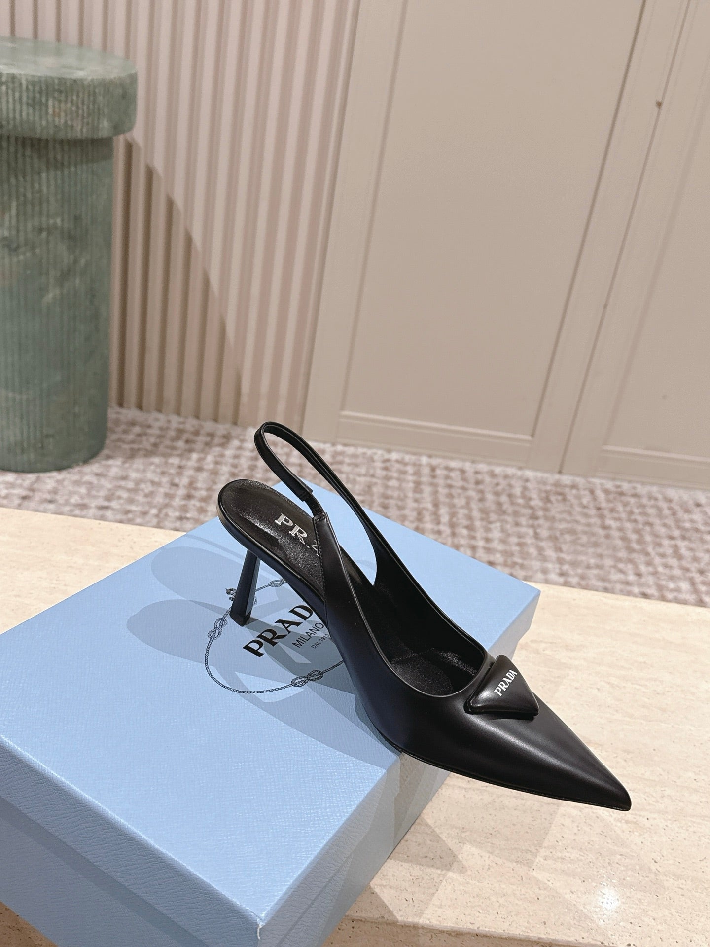 PRADA 26S POINTED-TOE SLINGBACK HEELS 75MM IN BLACK SHINY CALFSKIN