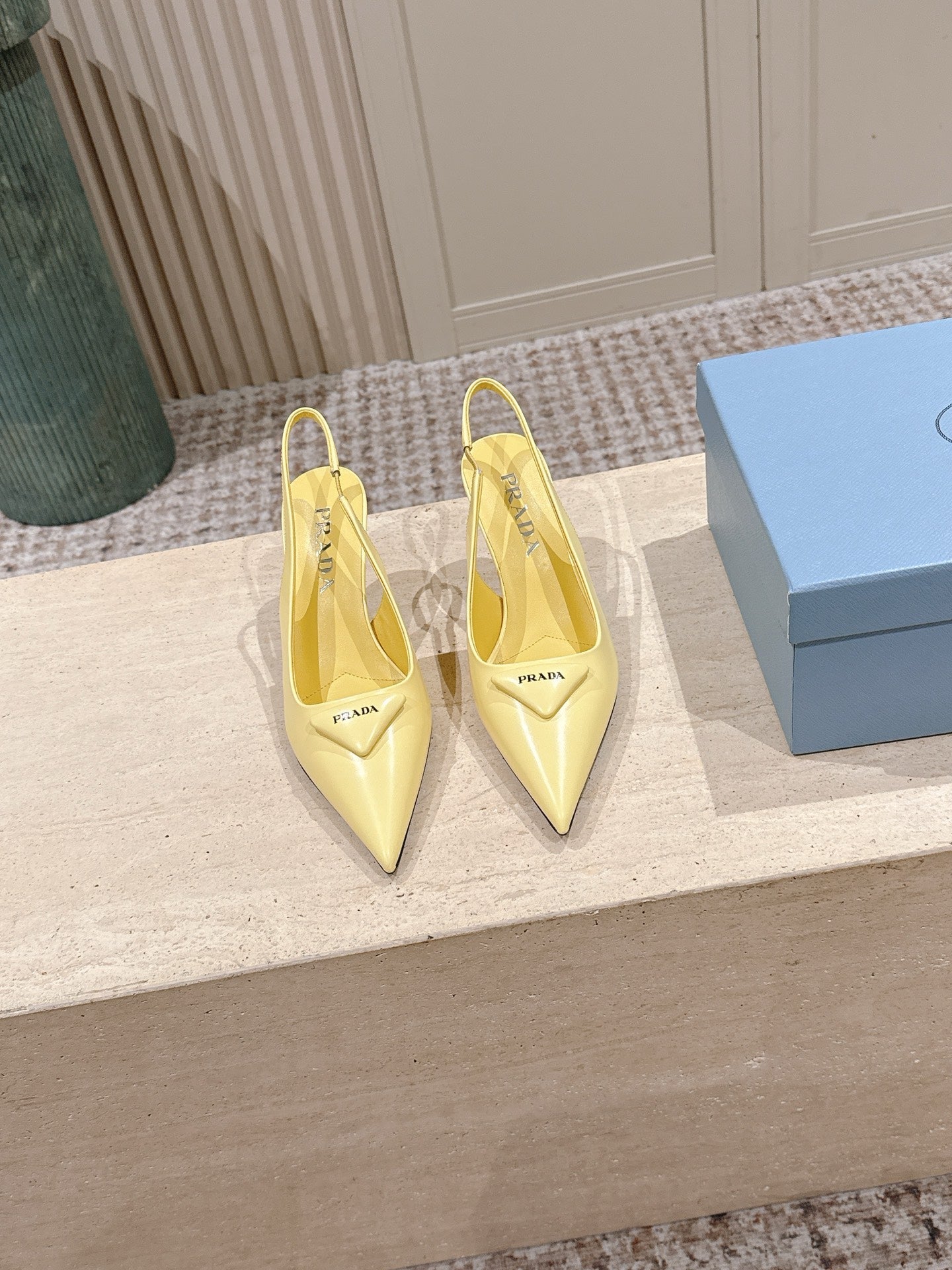 PRADA 26S POINTED-TOE SLINGBACK HEELS 75MM IN PASTEL YELLOW SHINY CALFSKIN