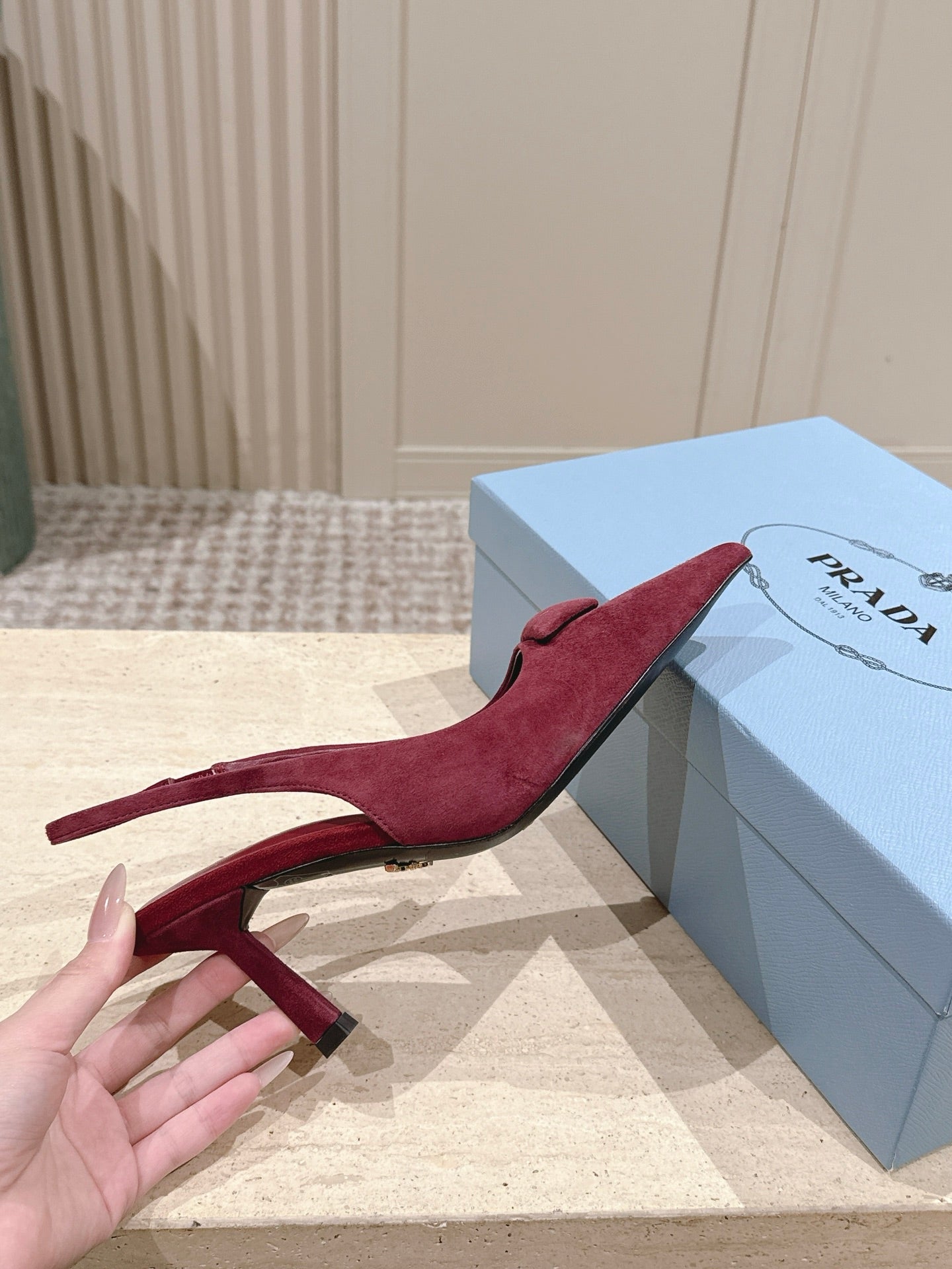 PRADA 26S POINTED-TOE SLINGBACK HEELS 75MM IN DARK RED SUEDE WITH LOGO