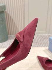 PRADA 26S POINTED-TOE SLINGBACK HEELS 75MM IN DARK RED SUEDE WITH LOGO