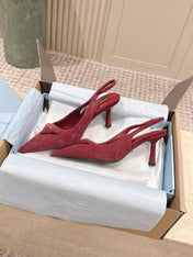 PRADA 26S POINTED-TOE SLINGBACK HEELS 75MM IN DARK RED SUEDE WITH LOGO