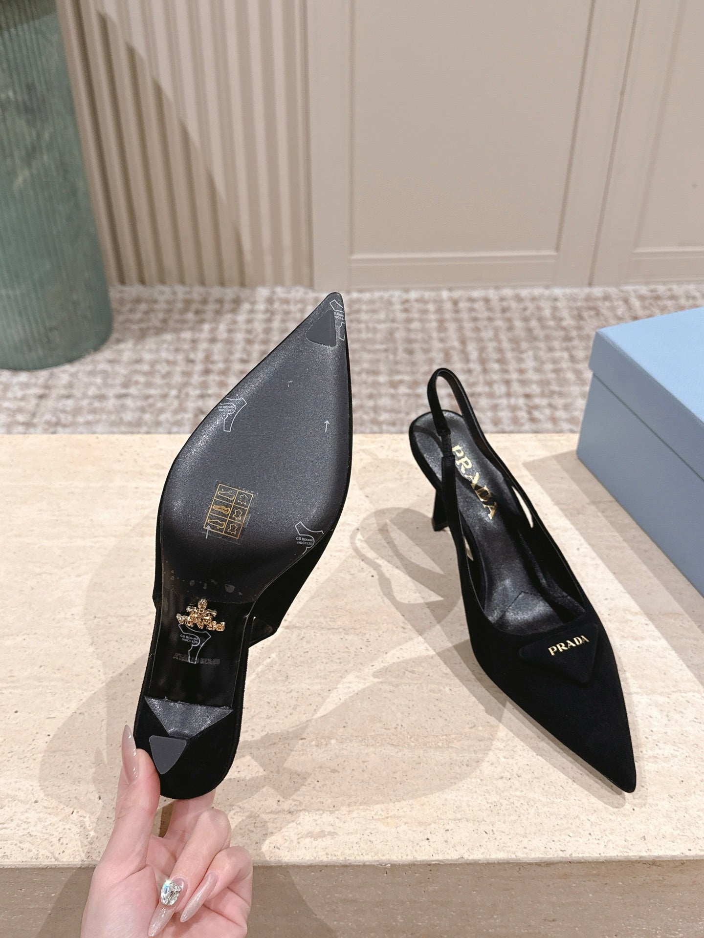 PRADA 26S POINTED-TOE SLINGBACK HEELS 75MM IN BLACK SUEDE WITH LOGO