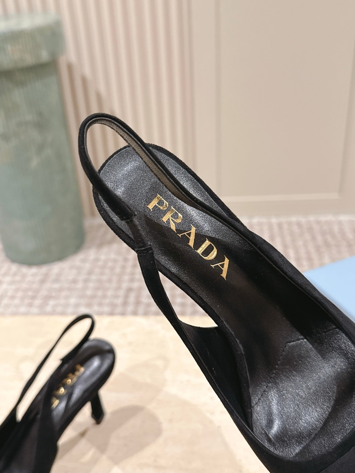 PRADA 26S POINTED-TOE SLINGBACK HEELS 75MM IN BLACK SUEDE WITH LOGO