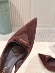 PRADA 26S POINTED-TOE SLINGBACK HEELS 75MM IN BURGUNDY BROWN SUEDE WITH LOGO