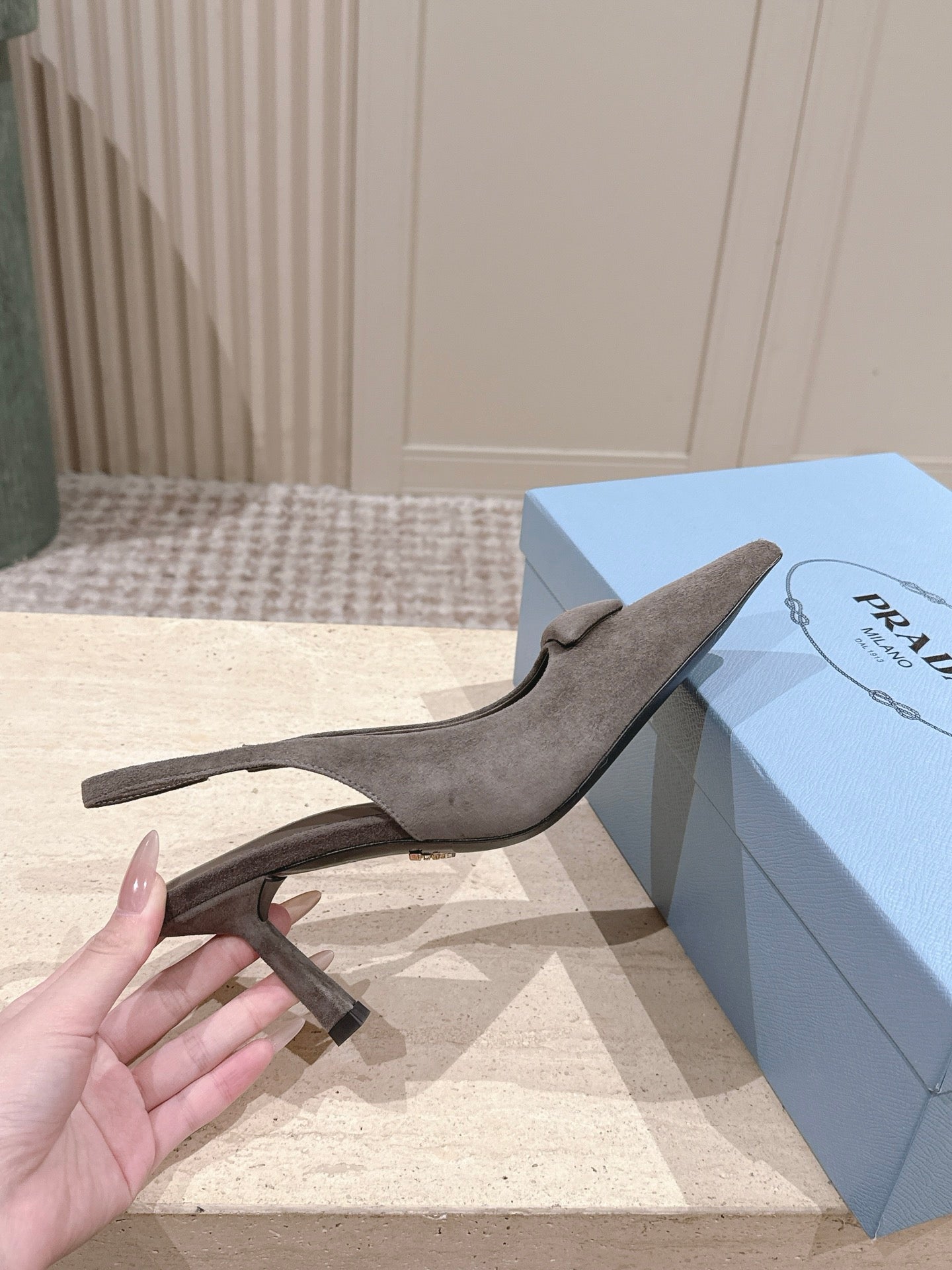 PRADA 26S POINTED-TOE SLINGBACK HEELS 75MM IN TAUPE GRAY SUEDE WITH LOGO
