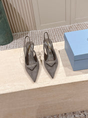 PRADA 26S POINTED-TOE SLINGBACK HEELS 75MM IN TAUPE GRAY SUEDE WITH LOGO