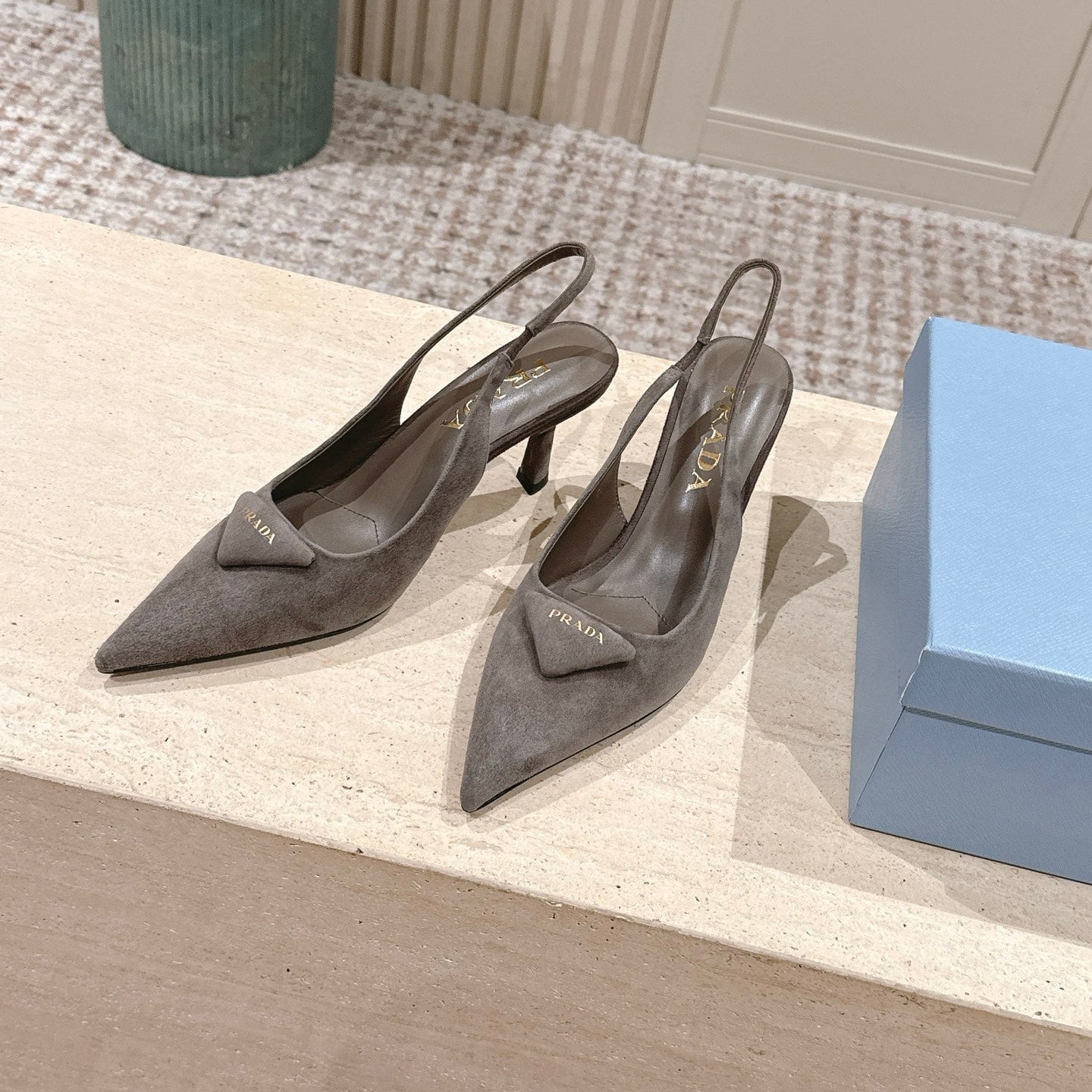 PRADA 26S POINTED-TOE SLINGBACK HEELS 75MM IN TAUPE GRAY SUEDE WITH LOGO