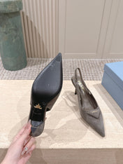 PRADA 26S POINTED-TOE SLINGBACK HEELS 75MM IN TAUPE GRAY SUEDE WITH LOGO