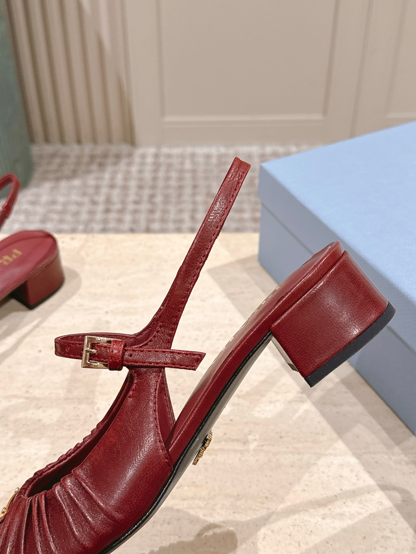 PRADA 26S SLINGBACK SANDALS 40MM IN DARK RED CALFSKIN WITH LOGO
