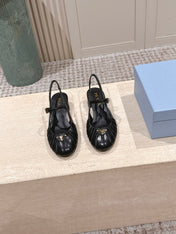 PRADA 26S SLINGBACK SANDALS 40MM IN BLACK CALFSKIN WITH LOGO