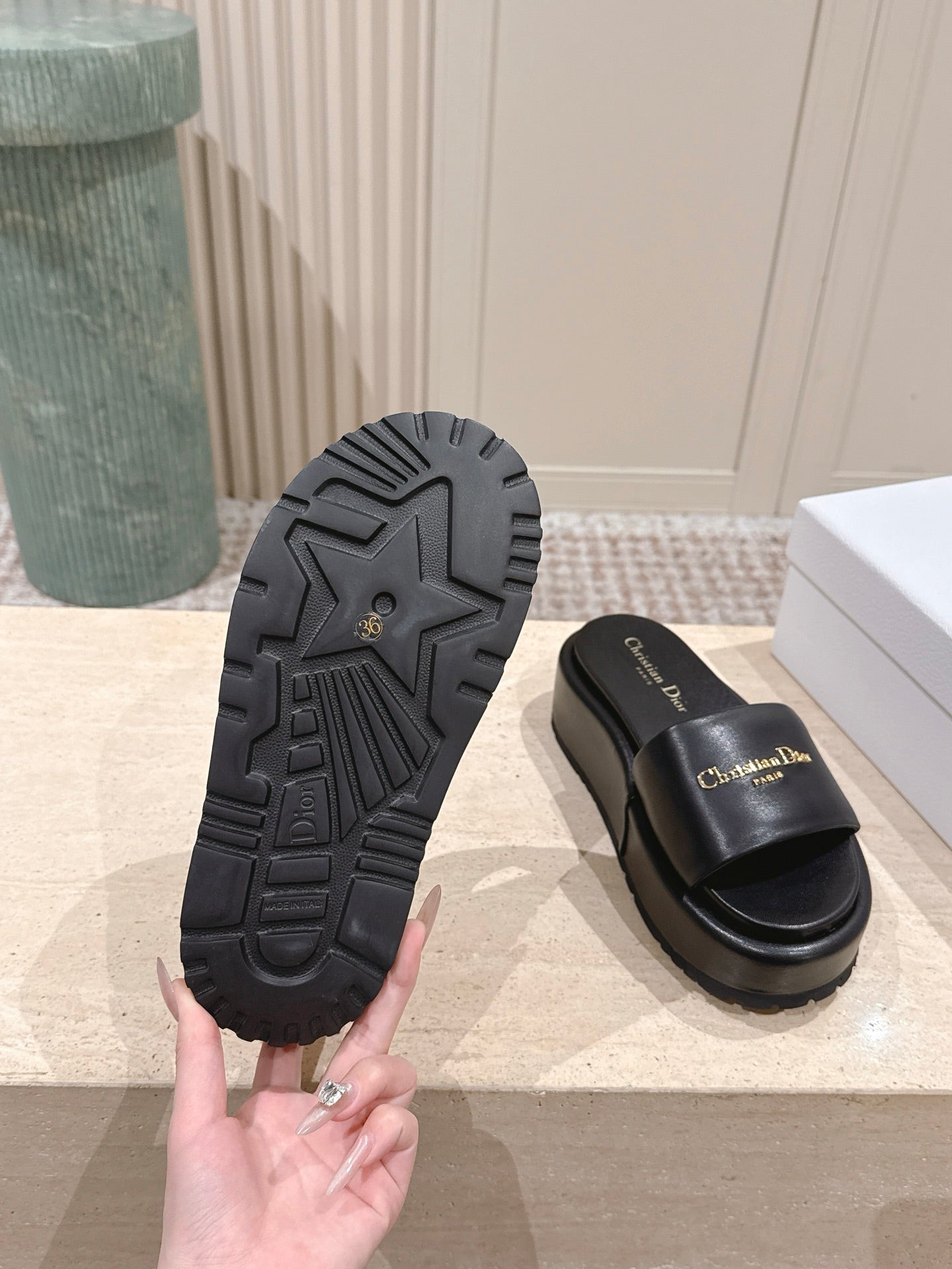 DIOR 26S PLATFORM SLIDE SANDALS 60 MM IN BLACK CALFSKIN