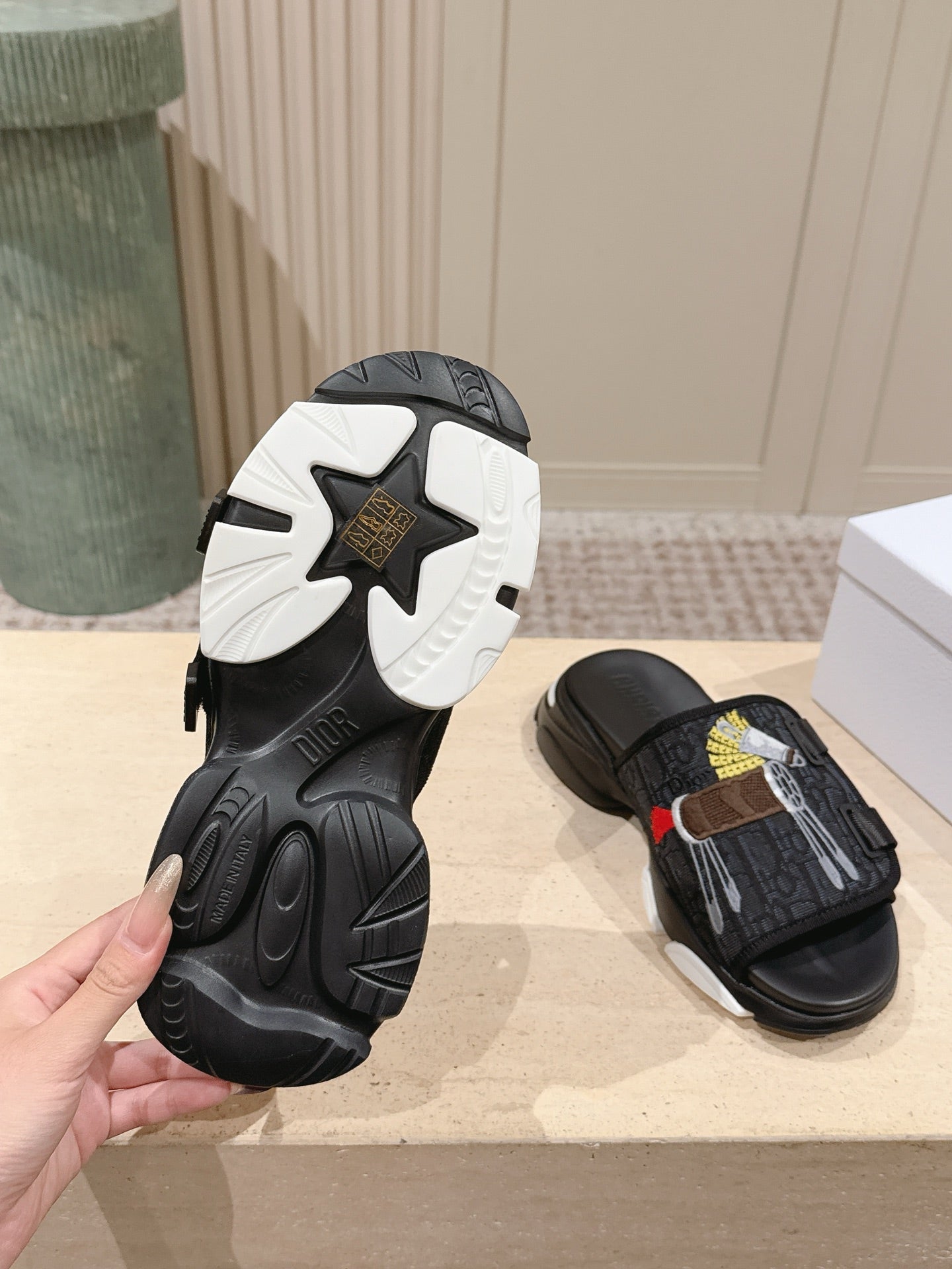 DIOR 26S DOUBLE STRAP SLIDE SANDALS IN BLACK MONOGRAM CANVAS