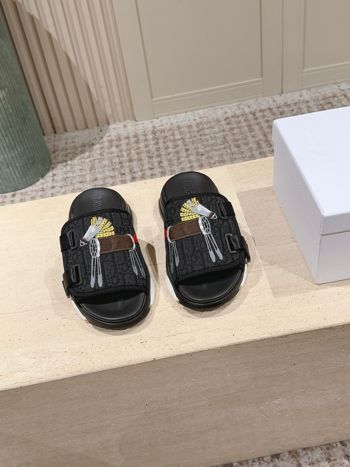 DIOR 26S DOUBLE STRAP SLIDE SANDALS IN BLACK MONOGRAM CANVAS