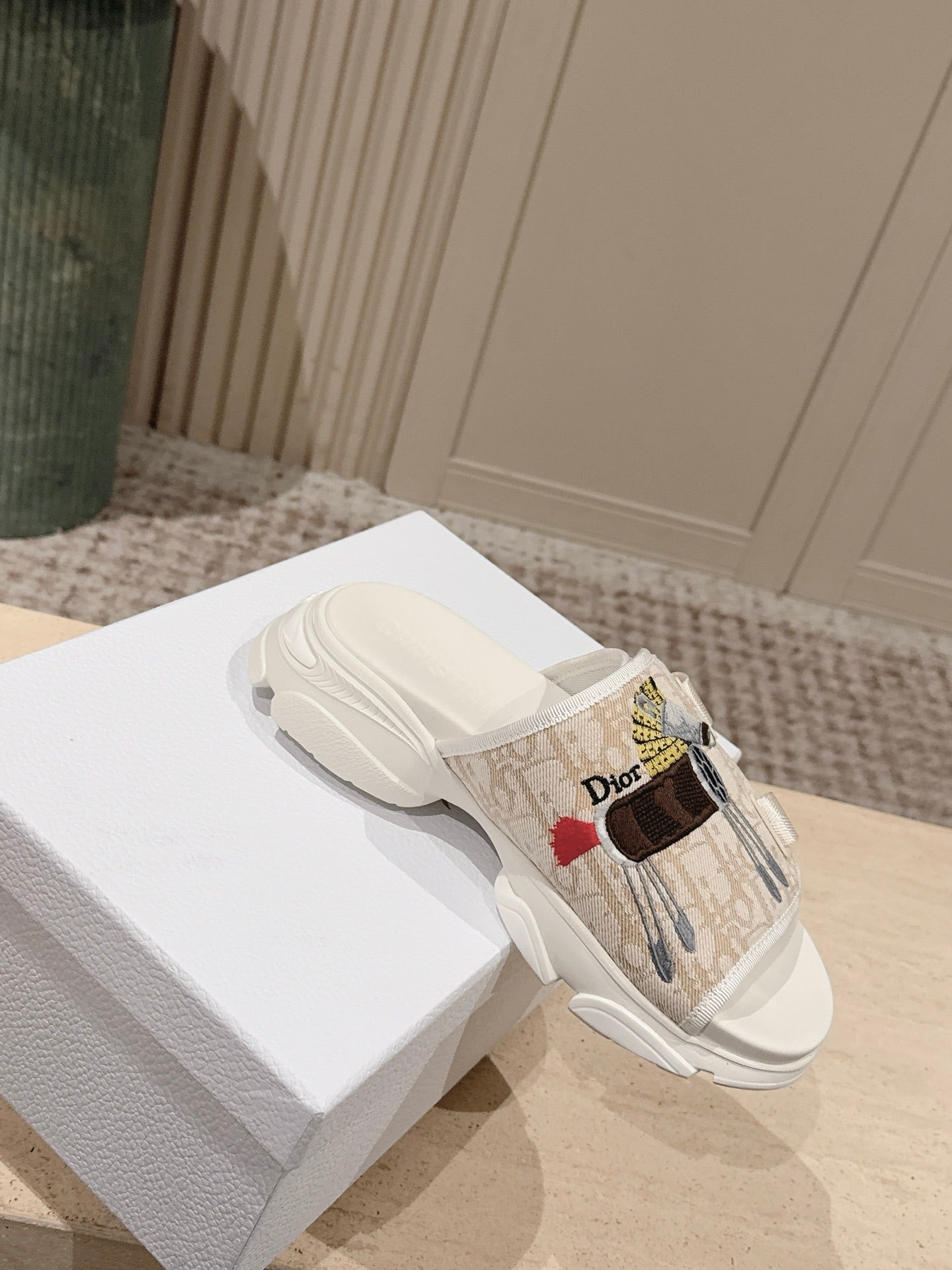 DIOR 26S DOUBLE STRAP SLIDE SANDALS IN BEIGE MONOGRAM CANVAS