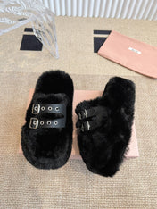 MULES IN BLACK RABBIT FUR SILVER HARDWARE