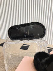 MULES IN BLACK RABBIT FUR SILVER HARDWARE