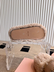 MULES IN BEIGE RABBIT FUR SILVER HARDWARE