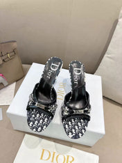 DIOR 26S KITTEN HEEL SLIDE SANDALS 85MM IN BLACK MONOGRAM CANVAS CALFSKIN CHAIN STRAP
