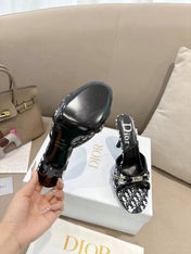 DIOR 26S KITTEN HEEL SLIDE SANDALS 85MM IN BLACK MONOGRAM CANVAS CALFSKIN CHAIN STRAP