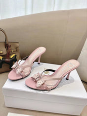 DIOR 26S KITTEN HEEL SANDALS 85MM IN PINK CALFSKIN BOW STUDDED
