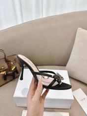 DIOR 26S KITTEN HEEL SANDALS 85MM IN BLACK CALFSKIN BOW STUDDED