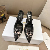 DIOR 26S SLINGBACK KITTEN HEEL PUMPS 85MM IN BLACK CALFSKIN STUDDED BOW STRAP