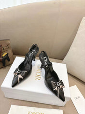 DIOR 26S SLINGBACK KITTEN HEEL PUMPS 85MM IN BLACK CALFSKIN STUDDED BOW STRAP
