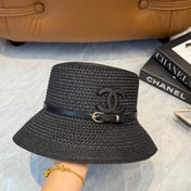 CHANEL 26S FLAT-BRIM STRAW HAT WITH RAISED CC LOGO 338106