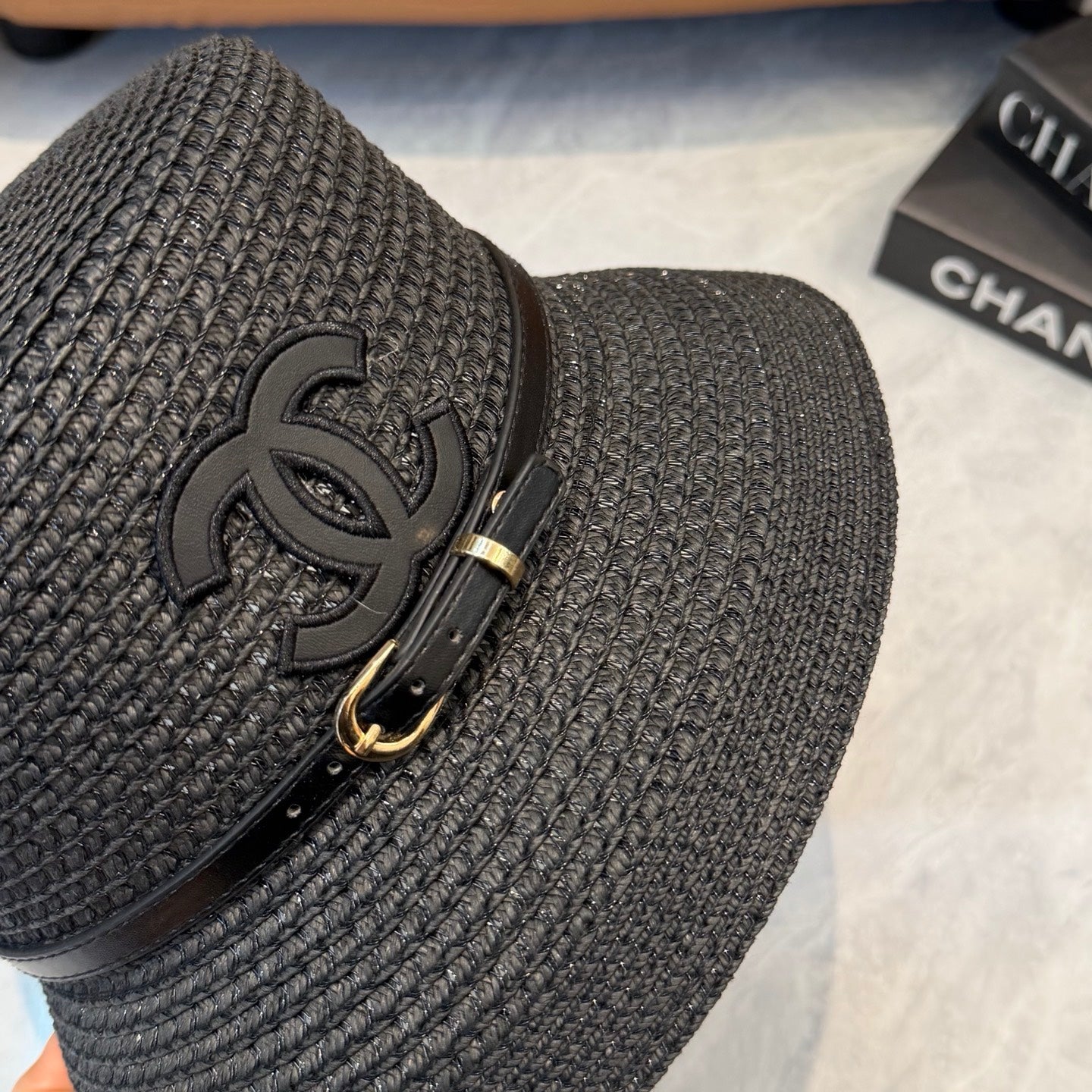 CHANEL 26S FLAT-BRIM STRAW HAT WITH RAISED CC LOGO 338106
