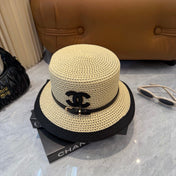 CHANEL 26S FLAT-BRIM STRAW HAT WITH RAISED CC LOGO 338107