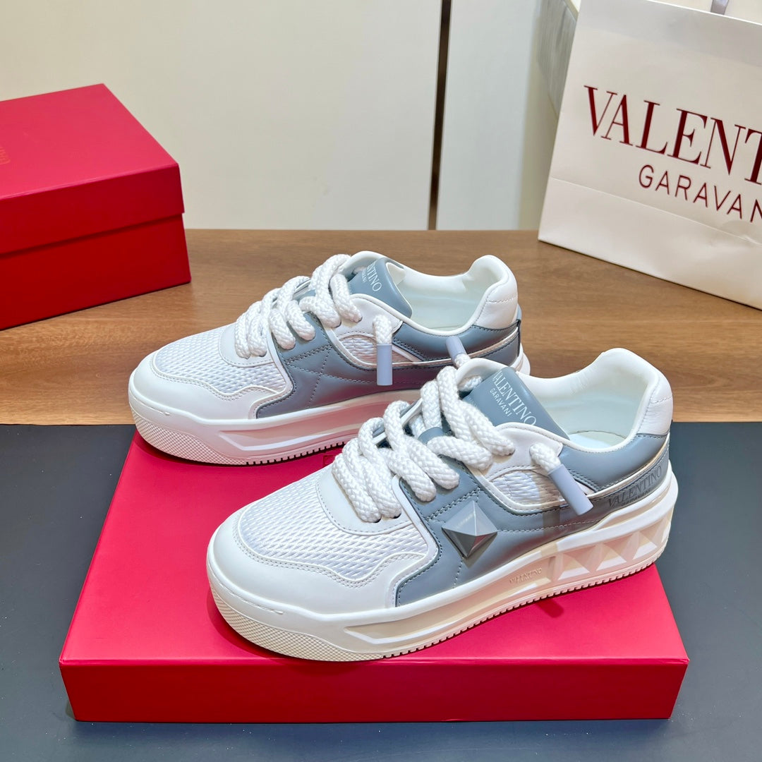 VALENTINO 25S GARAVANI ONE STUD XL PLATFORM SNEAKERS IN WHITE MIX MISTY BLUE LAMBSKIN