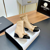 CHANEL 25S HEELED CHAIN BOOTS WITH BOW IN BEIGE CALFSKIN GOLD HARDWARE