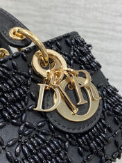 MINI LADY BAG 16 IN BLACK SATIN AND CALFSKIN WITH BEADED DESIGN