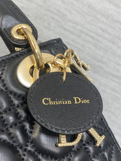 DIOR 25S MINI LADY DIOR BAG 17 IN BLACK CALFSKIN CHARM CRYSTAL EMBELLISHMENTS