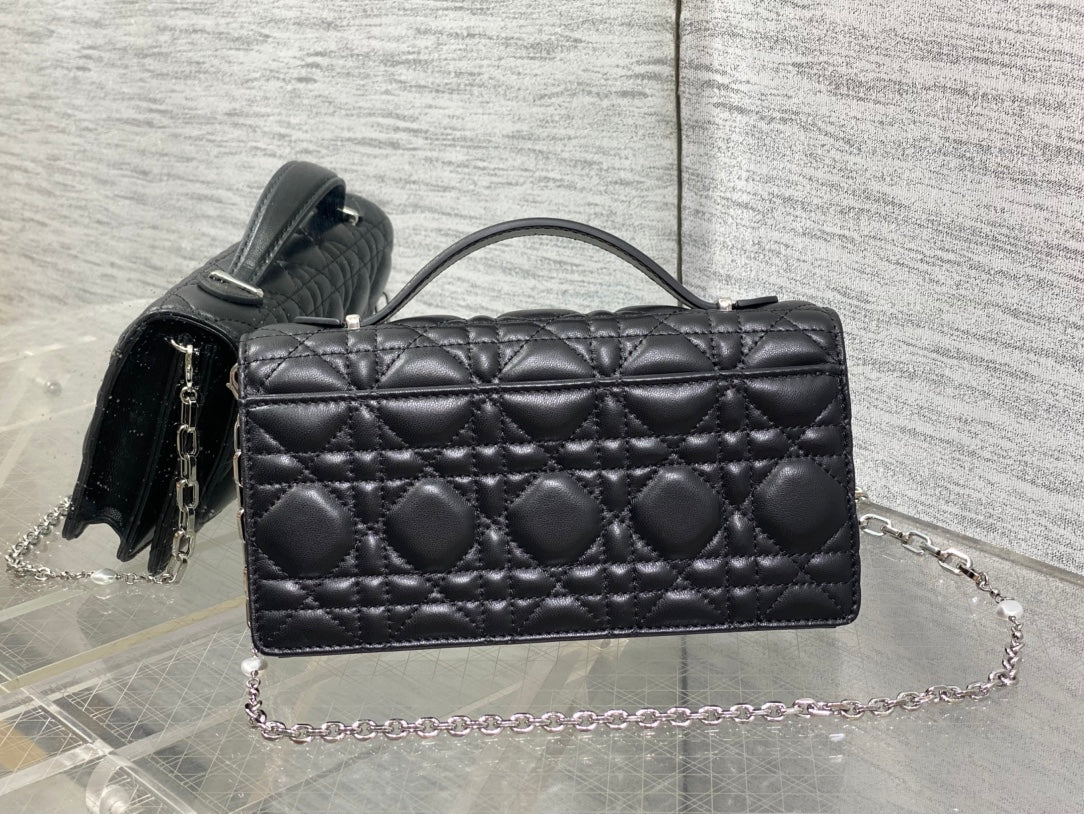 DIOR 25S DIOR TALK PHONE POUCH 21 IN BLACK CANNAGE LAMBSKIN SILVER HARDWRE