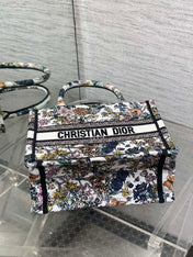 DIOR 25S LUCKY SMALL DIOR BOOK TOTE 26 IN MULTICOLOR DIOR FLOWERS CALENDAR ALLOVER EMBROIDERY