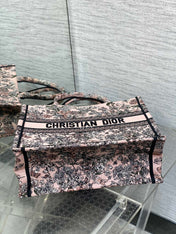 DIOR 25S LUCKY MEDIUM DIOR BOOK TOTE 36 IN PINK MULTICOLOR DIOR FLOWERS CALENDAR ALLOVER EMBROIDERY