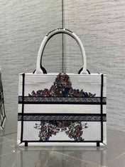 DIOR 25S LUCKY SMALL DIOR BOOK TOTE 26 IN WHITE MULTICOLOR DIOR STAR EMBROIDERY