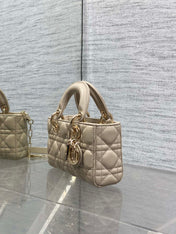 DIOR 25S MICRO LADY D-JOY 19 IN POWDER BEIGE CALFSKIN GOLD HARDWARE