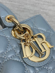 DIOR 25S SMALL LADY D‑JOY BAG 19 IN STEEL BLUE GRAY CANNAGE CALFSKIN GOLD HARDWRE