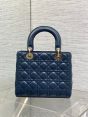 DIOR 25S MEDIUM LADY BAG 24 IN DEEP OCEAN BLUE CALFSKIN GOLD HARDWARE
