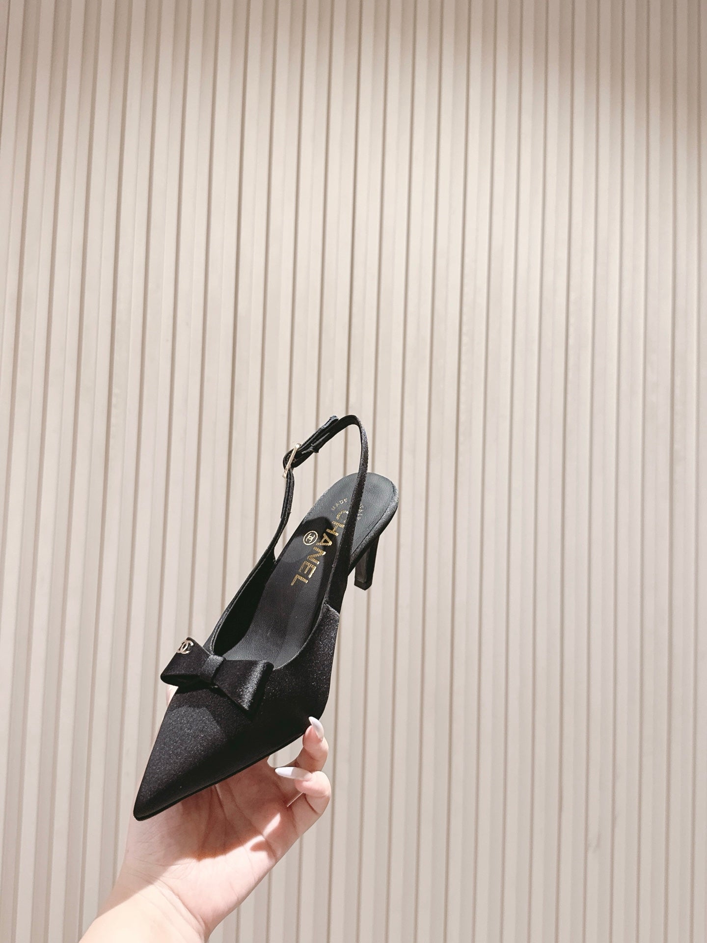 CC HIGH SLINGBACK IN BLACK SATIN WITH BOW ATTACHED