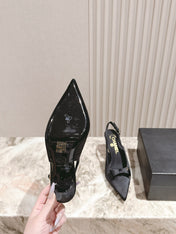 CC HIGH SLINGBACK IN BLACK SATIN WITH BOW ATTACHED