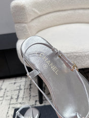 CHANEL 26S THONG SANDALS IN SILVER CALFSKIN WITH GOLD HARDWARE