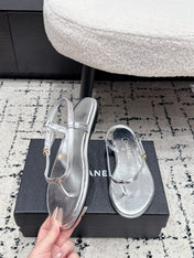 CHANEL 26S THONG SANDALS IN SILVER CALFSKIN WITH GOLD HARDWARE