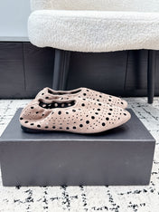 ALAIA 26S FLAT SLIP-ONS IN NUDE PINK SUEDE WITH OPENWORK PATTERN