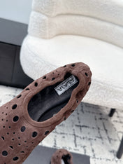 ALAIA 26S FLAT SLIP-ONS IN DARK BROWN SUEDE WITH OPENWORK PATTERN
