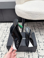 CHANEL 26S SQUARE-TOE HEELED MULES 95 MM IN BLACK MIX WHITE PATENT LAMBSKIN
