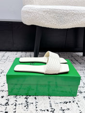BOTTEGA VENETA 26S SQUARE-TOE WOVEN-STRAP SANDALS IN WHITE LAMBSKIN