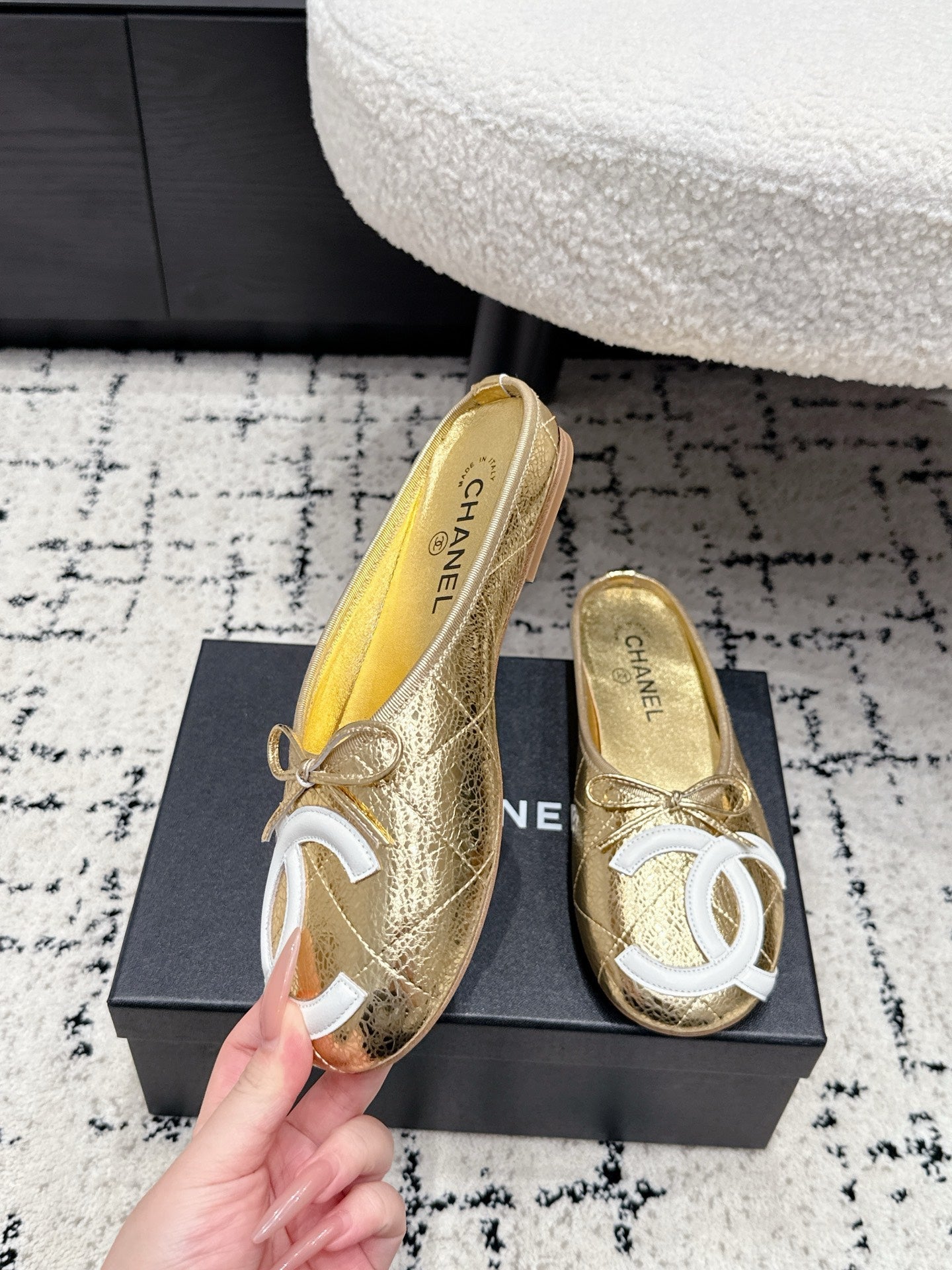 CHANEL 26S FLAT MULES IN GOLD LAMBSKIN